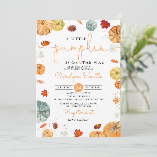 Little Pumpkin Autumn Baby shower Invitation Kaart (Staand voorkant)