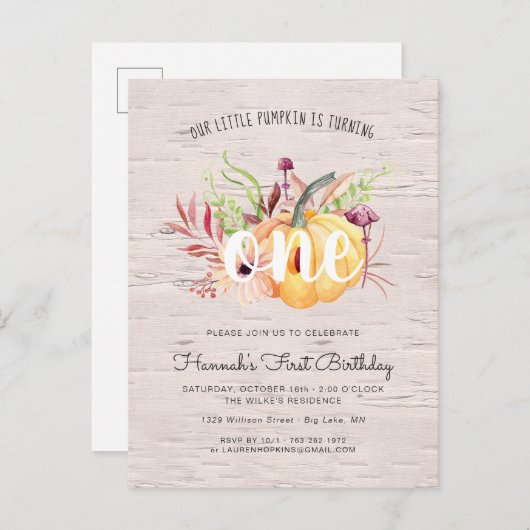 Little Pumpkin Autumn Birthday Party Invitation Uitnodiging Briefkaart (Voorkant / Achterkant)