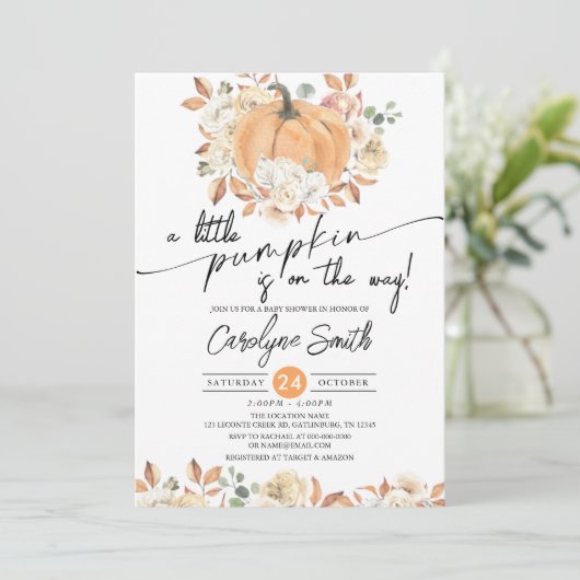 Little Pumpkin Autumn Floral Herfst Baby shower Kaart (Staand voorkant)