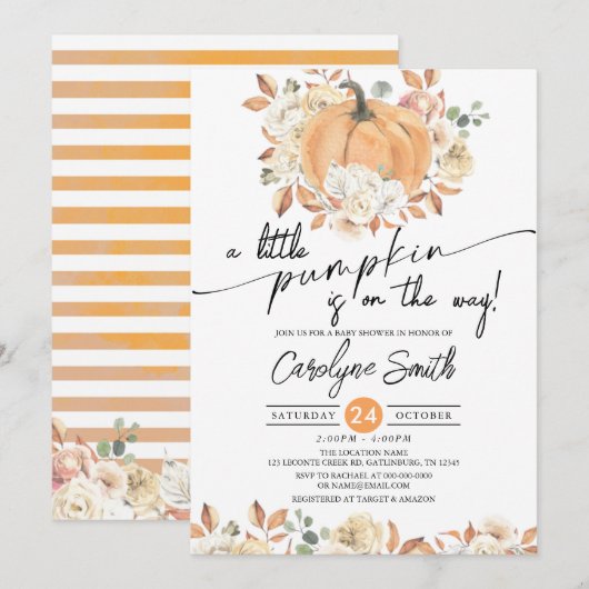 Little Pumpkin Autumn Floral Herfst Baby shower Kaart (Voorkant / Achterkant)