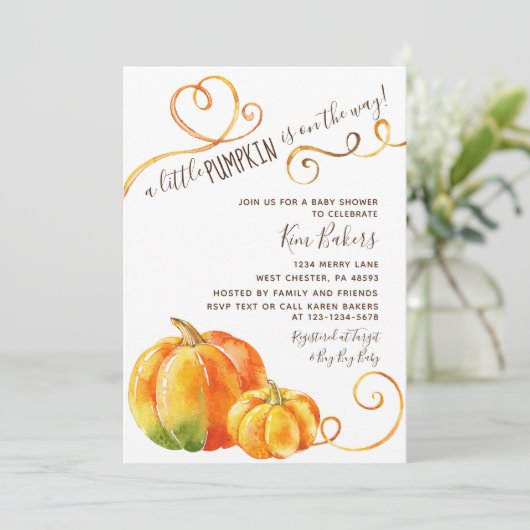 Little Pumpkin Autumn Herfst Baby shower Uitnodigi Kaart (Staand voorkant)