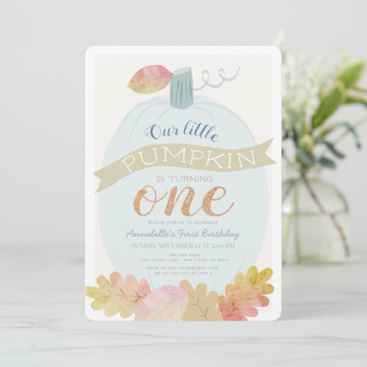 Little Pumpkin Baby Blue Boy 1e verjaardag Kaart (Staand voorkant)