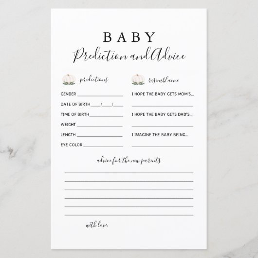 Little Pumpkin Baby Prediction and Advice Kaarten (Voorkant)