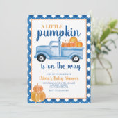 Little Pumpkin Baby shower Blue truck Herfst Kaart (Staand voorkant)