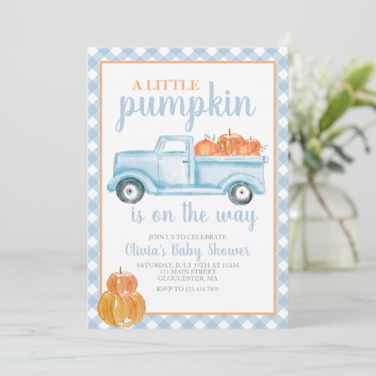 Little Pumpkin Baby shower Blue truck Herfst Kaart (Staand voorkant)