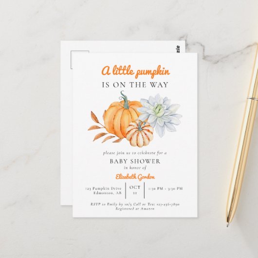 Little Pumpkin Baby shower Elegant Simple Moderne  Briefkaart (Voorkant / Achterkant in situ)
