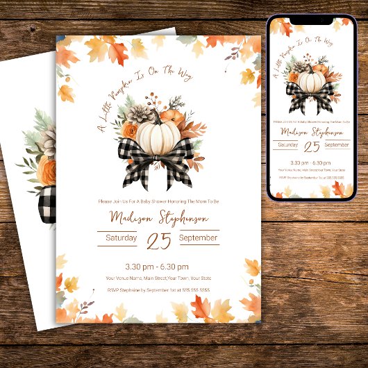 Little Pumpkin Baby shower Floral & Buffalo Plaid Kaart