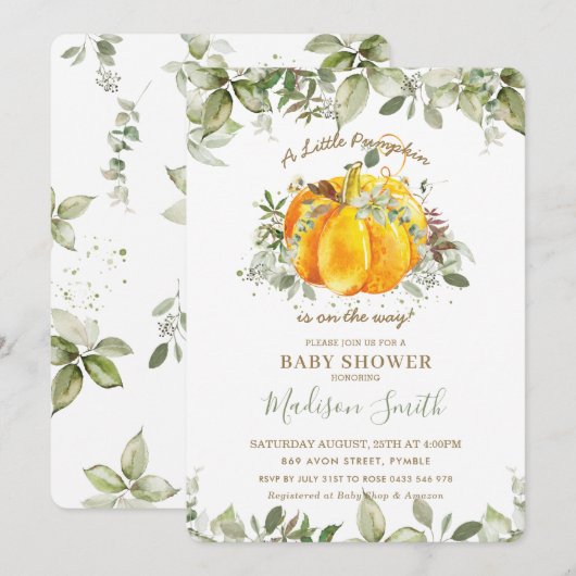 Little Pumpkin Baby shower Greenery Gender Neutral Kaart (Voorkant / Achterkant)