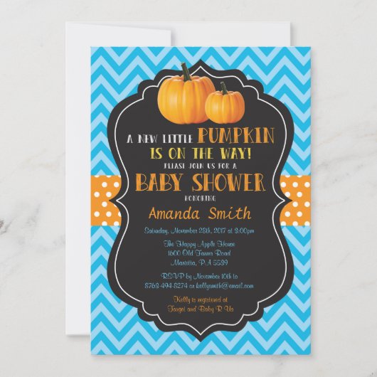 Little Pumpkin Baby shower Invitation Blue Chevron Kaart (Voorkant)