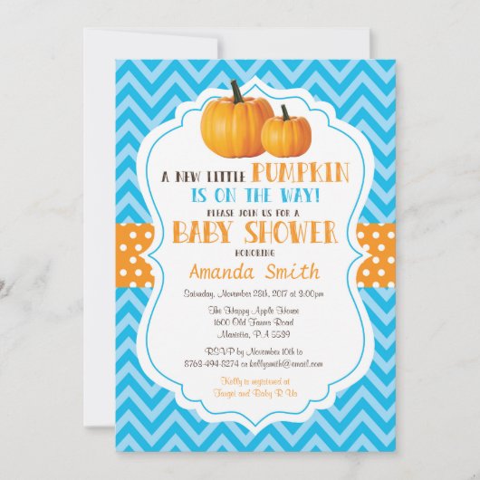 Little Pumpkin Baby shower Invitation Blue Chevron Kaart (Voorkant)