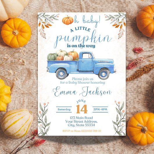 Little Pumpkin Baby shower Invitation Blue Truck Kaart