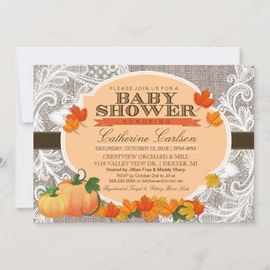 Little Pumpkin Baby shower Invitation, Burlap Lace Kaart (Voorkant)