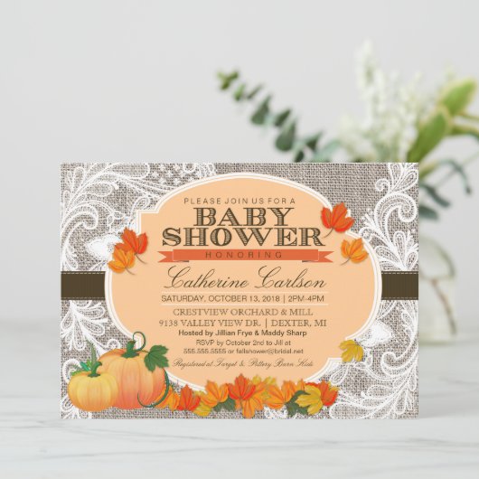 Little Pumpkin Baby shower Invitation, Burlap Lace Kaart (Staand voorkant)