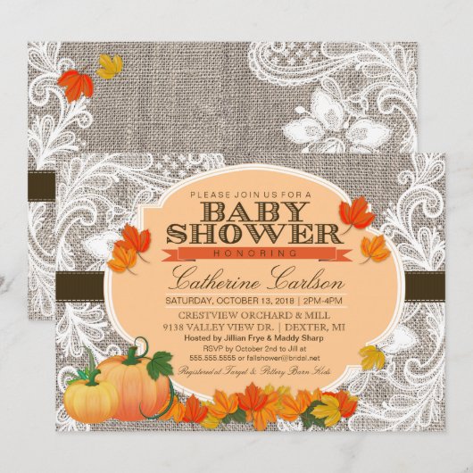 Little Pumpkin Baby shower Invitation, Burlap Lace Kaart (Voorkant / Achterkant)