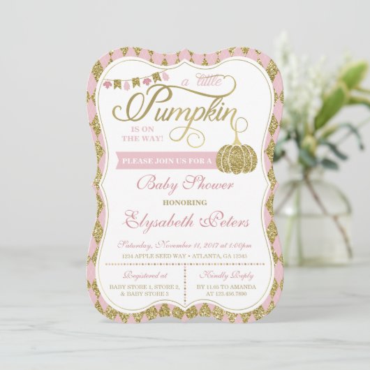 Little Pumpkin Baby shower Invitation, Faux Gold Kaart (Staand voorkant)