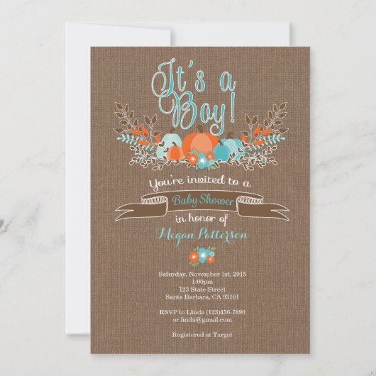 Little Pumpkin Baby shower Invitation for Boy Kaart (Voorkant)