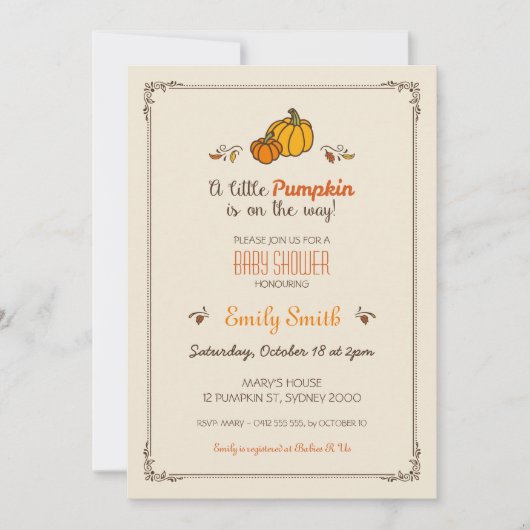 Little Pumpkin Baby shower Invitation Kaart (Voorkant)
