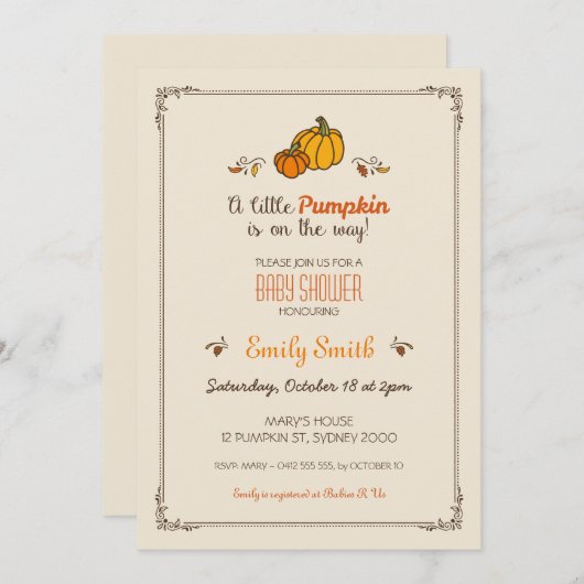 Little Pumpkin Baby shower Invitation Kaart (Voorkant / Achterkant)