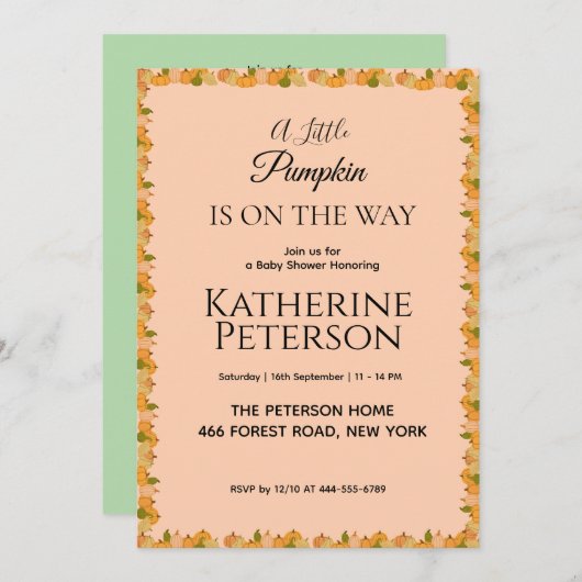 Little Pumpkin Baby shower Invitation Kaart (Voorkant / Achterkant)