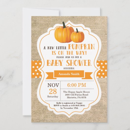 Little Pumpkin Baby shower Invitation Kaart Burlap (Voorkant)