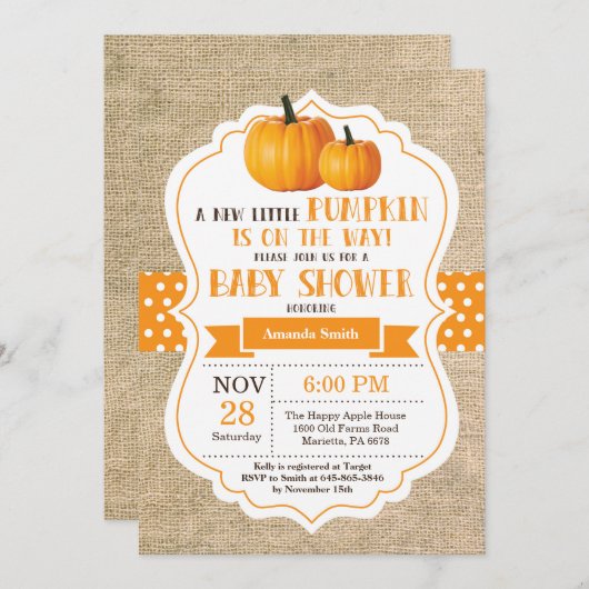 Little Pumpkin Baby shower Invitation Kaart Burlap (Voorkant / Achterkant)