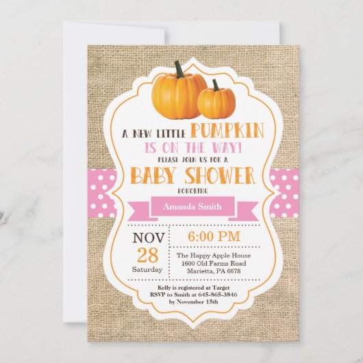 Little Pumpkin Baby shower Invitation Kaart Burlap (Voorkant)