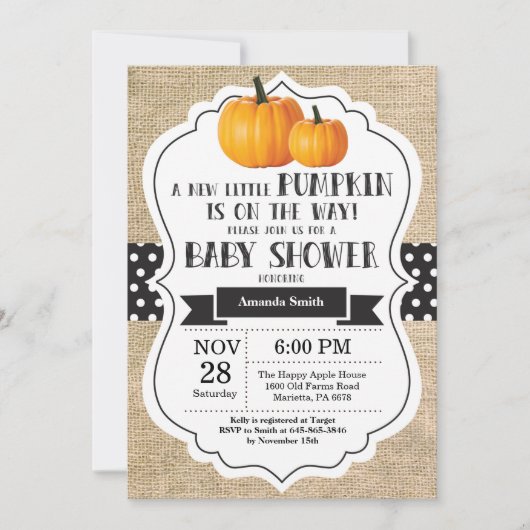 Little Pumpkin Baby shower Invitation Kaart Burlap (Voorkant)
