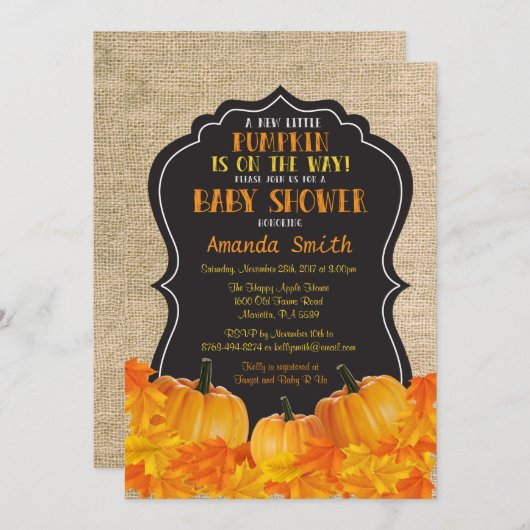 Little Pumpkin Baby shower Invitation Kaart Burlap (Voorkant / Achterkant)