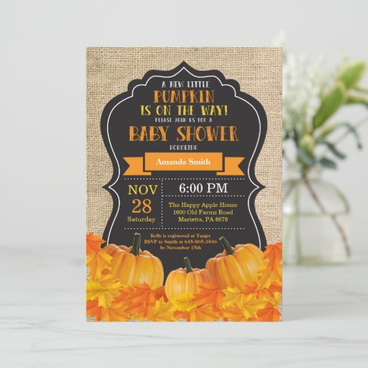 Little Pumpkin Baby shower Invitation Kaart Burlap (Staand voorkant)