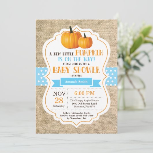 Little Pumpkin Baby shower Invitation Kaart Burlap (Staand voorkant)
