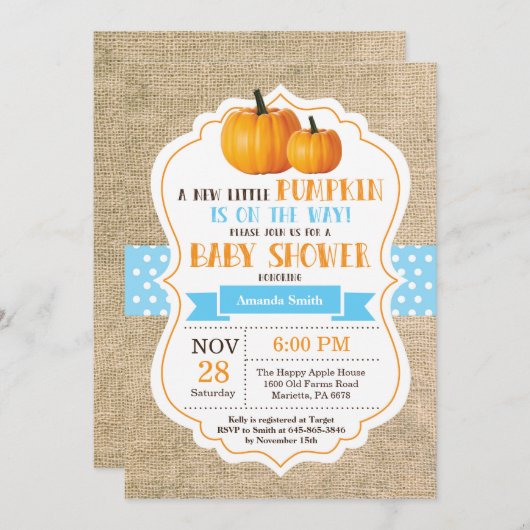 Little Pumpkin Baby shower Invitation Kaart Burlap (Voorkant / Achterkant)