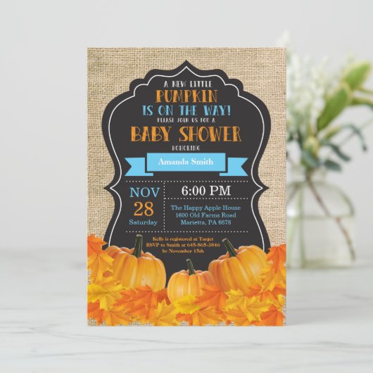 Little Pumpkin Baby shower Invitation Kaart Burlap (Staand voorkant)