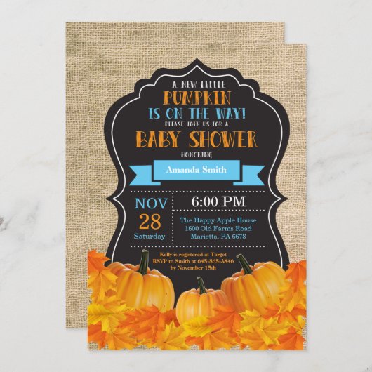 Little Pumpkin Baby shower Invitation Kaart Burlap (Voorkant / Achterkant)