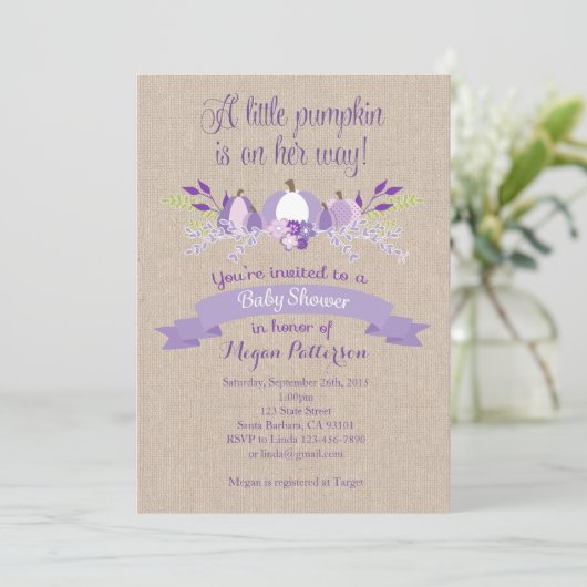 Little Pumpkin Baby shower Invitation - Lavendel Kaart (Staand voorkant)