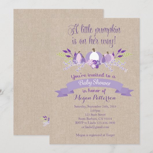 Little Pumpkin Baby shower Invitation - Lavendel Kaart (Voorkant / Achterkant)