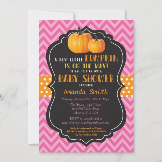 Little Pumpkin Baby shower Invitation Pink Chevron Kaart (Voorkant)