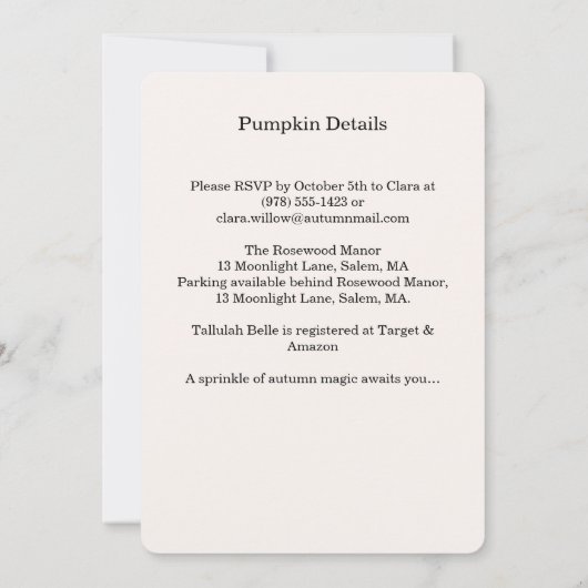 Little Pumpkin Baby shower Invitation – Roze strik Kaart (Achterkant)