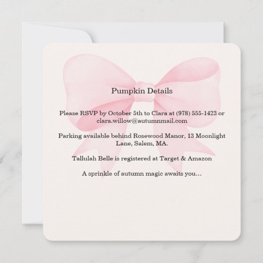 Little Pumpkin Baby shower Invitation – Roze strik Save The Date (Achterkant)