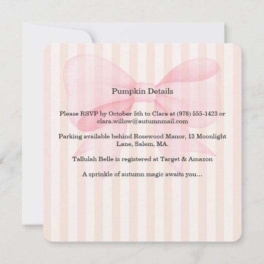 Little Pumpkin Baby shower Invitation – Roze strik Save The Date (Achterkant)