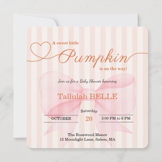 Little Pumpkin Baby shower Invitation – Roze strik Save The Date (Voorkant)