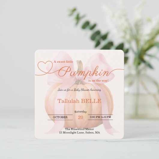 Little Pumpkin Baby shower Invitation – Roze strik Save The Date (Staand voorkant)