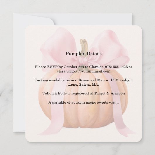 Little Pumpkin Baby shower Invitation – Roze strik Save The Date (Achterkant)