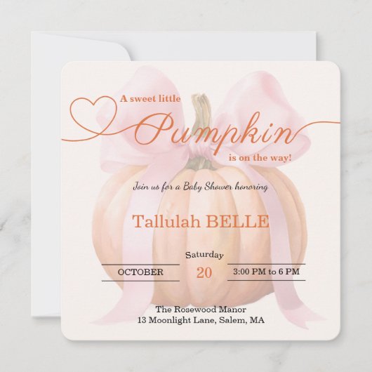 Little Pumpkin Baby shower Invitation – Roze strik Save The Date (Voorkant)