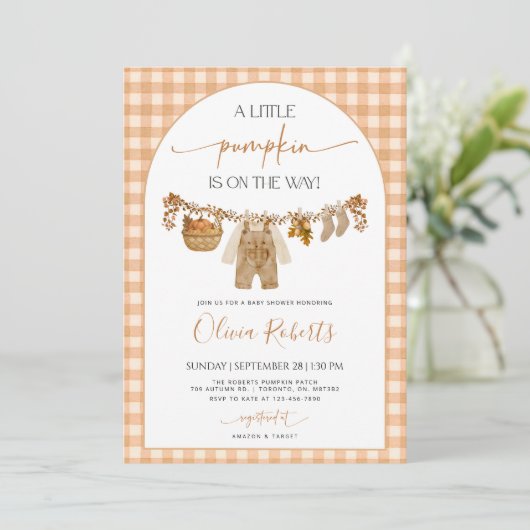 Little Pumpkin Baby shower Invitation Sjabloon Kaart (Staand voorkant)
