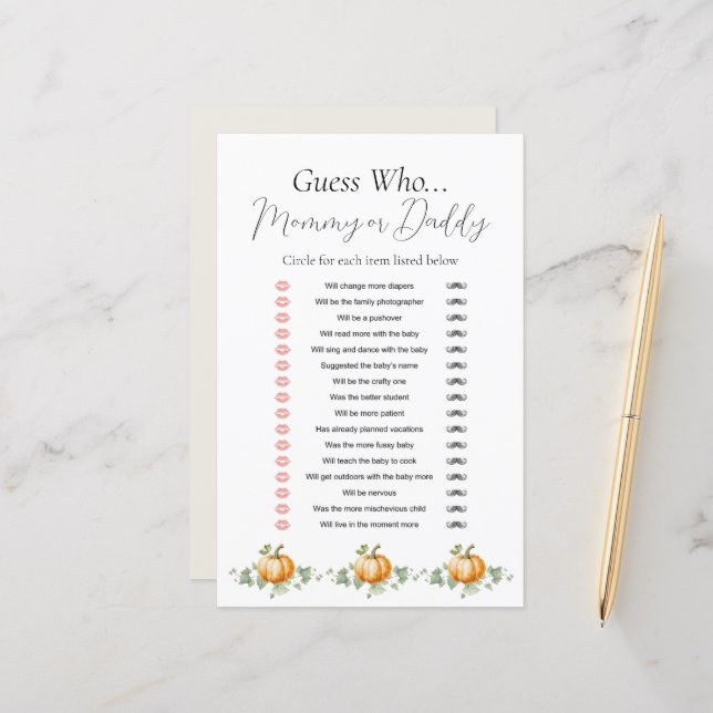 Little Pumpkin Baby shower Raad eens wie spel (Voorkant / Achterkant in situ)