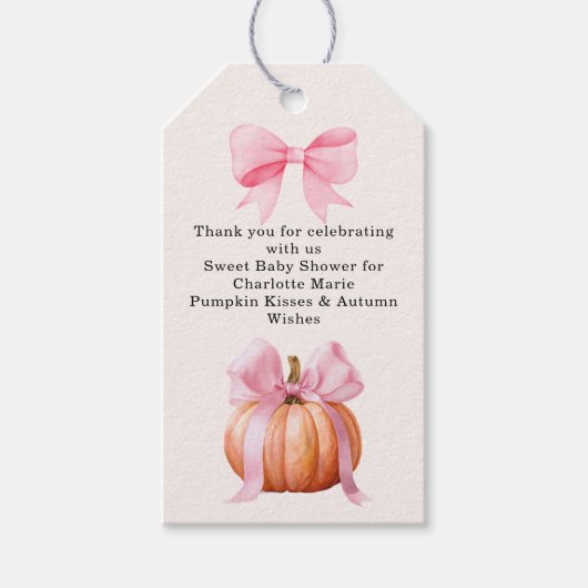 Little Pumpkin Baby shower – Roze Bow Herfst Cadeaulabel (Voorkant)