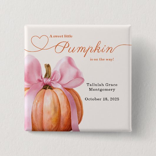 Little Pumpkin Baby shower – Roze Bow Herfst Vierkante Button 5,1 Cm (Voorkant)