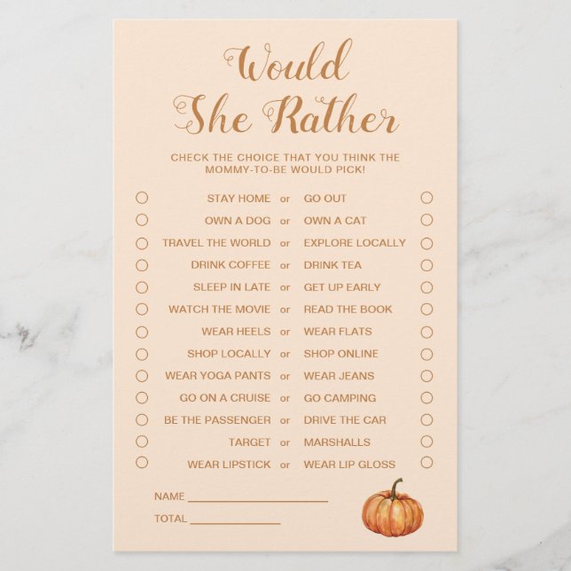 Little Pumpkin Baby shower zou ze liever spel (Voorkant)