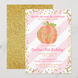 Little Pumpkin Birthday Invitation Pink and Gold Kaart