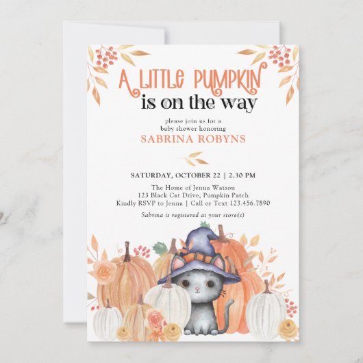 Little Pumpkin Black Cat in Witch Pet Baby shower Kaart (Voorkant)
